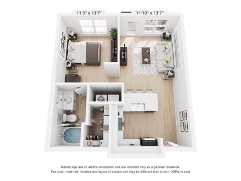 Floor plan for 1 bed, 1 bath, 609 sqft